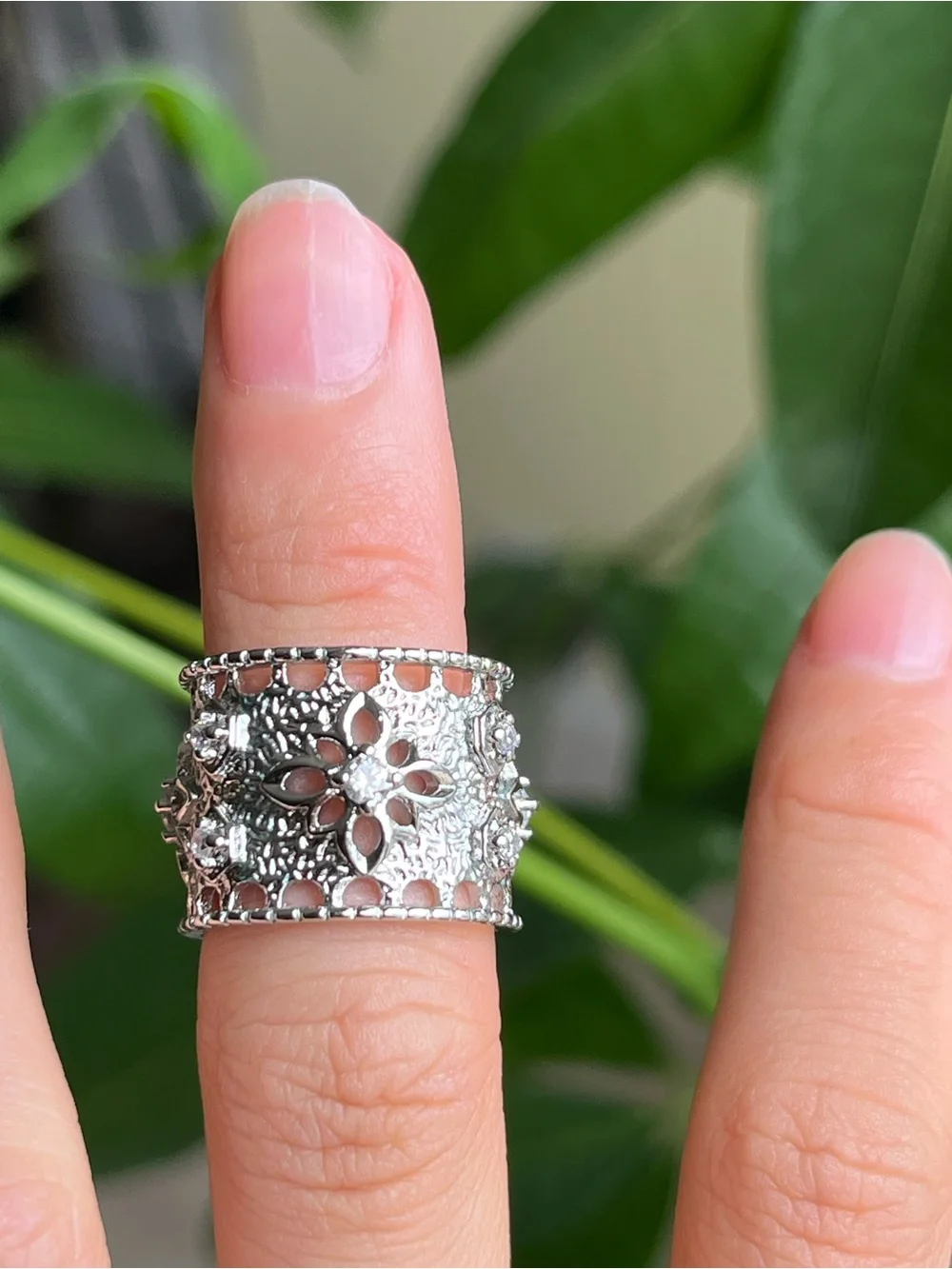 S925 Sterling Silver Floral Filigree Openwork Wide Band Ring - adjustable